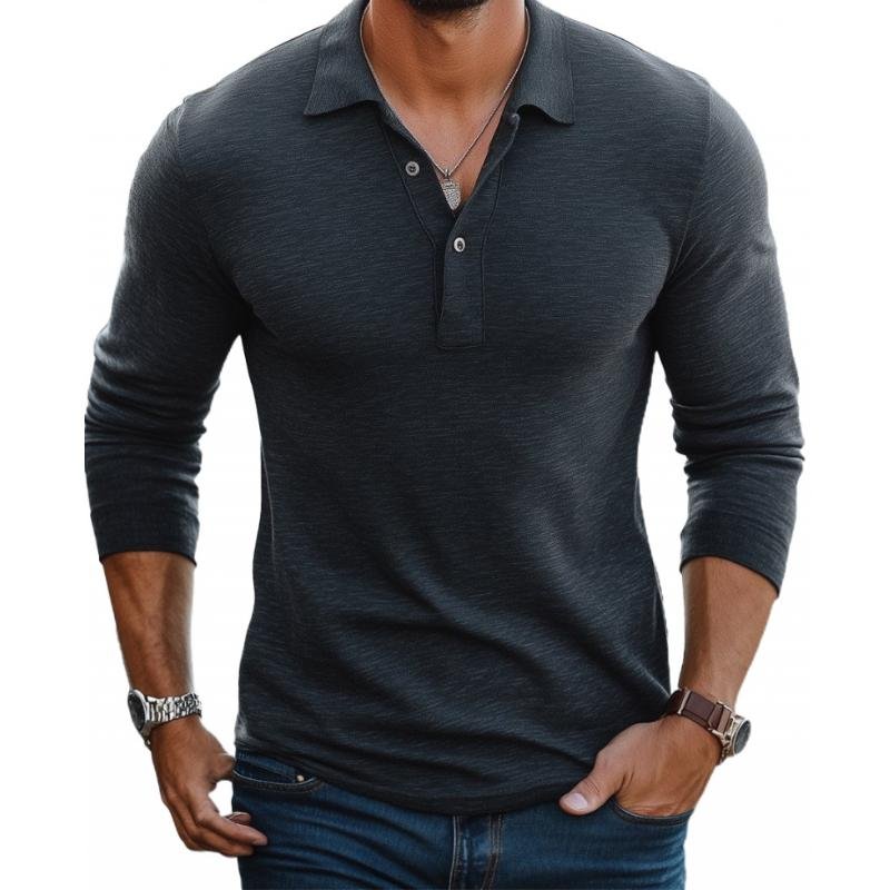 Heren Slim-Fit Lange Mouw Satin-Touch Poloshirt Knoopsluiting - Charcoal