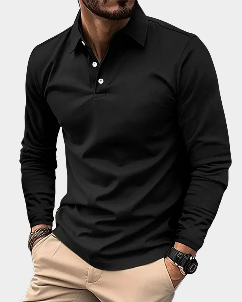 Heren Slim-Fit Lange Mouw Smart-Casual Poloshirt - Zwart