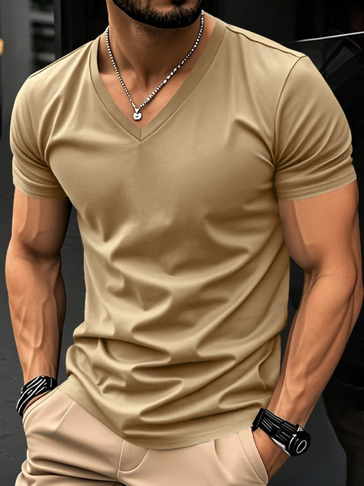 Heren Slim-Fit V-hals Kortmouw T-shirt - Khaki