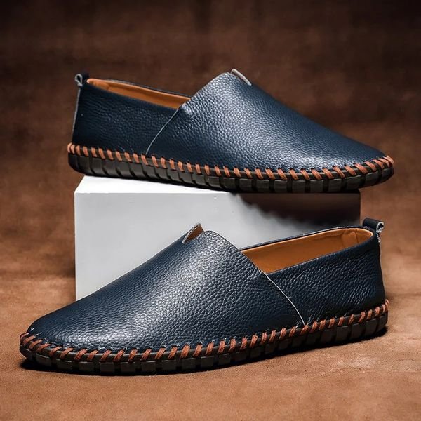 Heren Slip-On Loafers Leren Instappers Whipstitch Zool - Navy