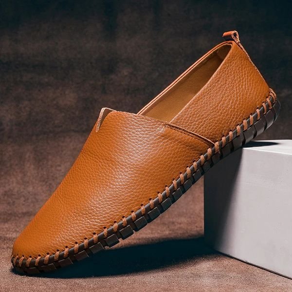 Heren Slip-On Loafers Leren Instappers Whipstitch Zool - Caramel