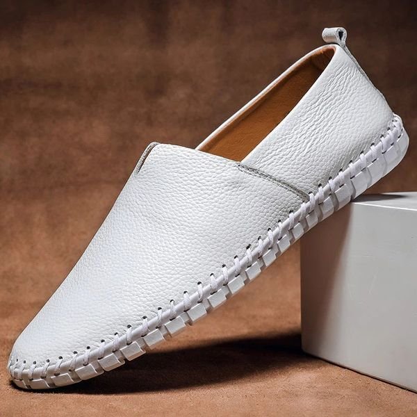Heren Slip-On Loafers Leren Instappers Whipstitch Zool - White