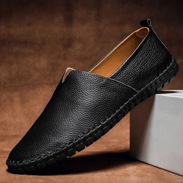 Heren Slip-On Loafers Leren Instappers Whipstitch Zool - Black