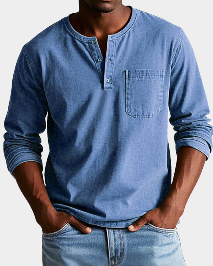 Heren Vintage Langarm Henley Shirt Borstzak - Blauw