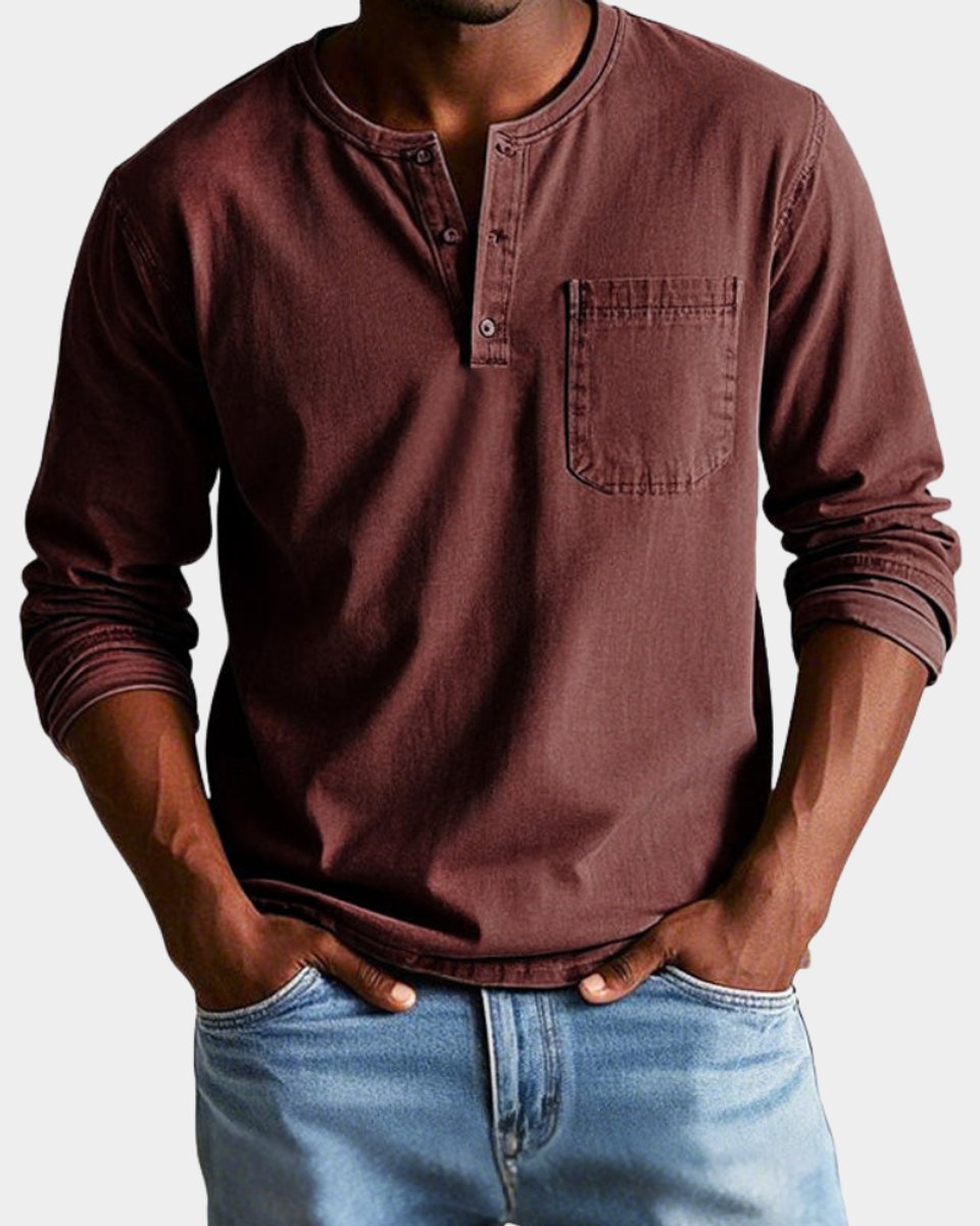 Heren Vintage Langarm Henley Shirt Borstzak - Rood