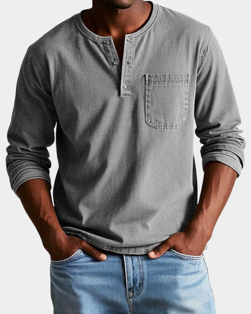 Heren Vintage Langarm Henley Shirt Borstzak - Grijs