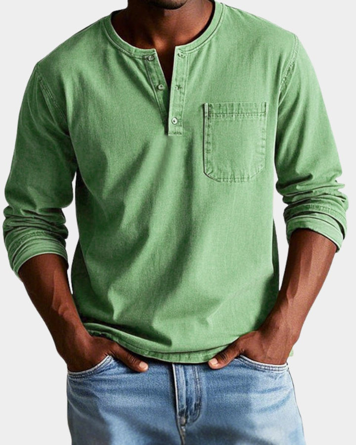 Heren Vintage Langarm Henley Shirt Borstzak - Groen