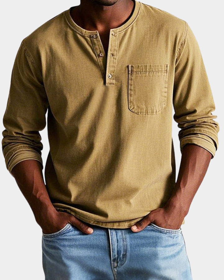 Heren Vintage Langarm Henley Shirt Borstzak - Khaki