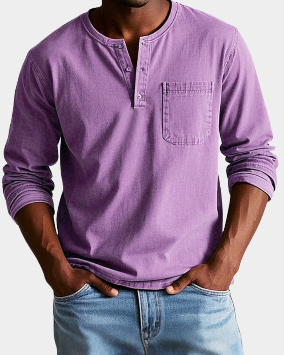Heren Vintage Langarm Henley Shirt Borstzak - Paars