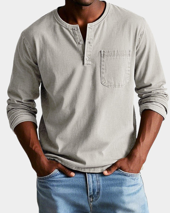 Heren Vintage Langarm Henley Shirt Borstzak - Beige