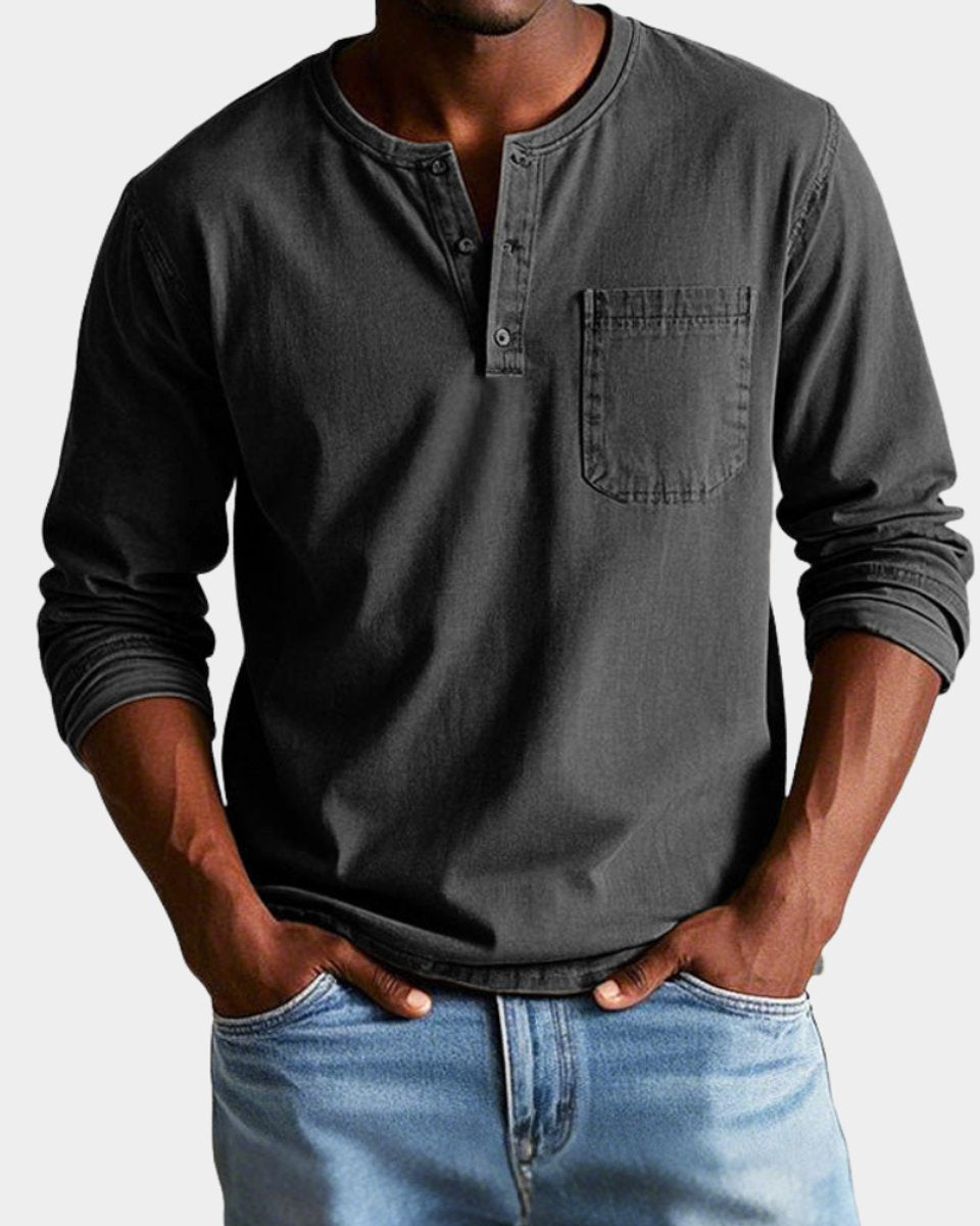 Heren Vintage Langarm Henley Shirt Borstzak - Zwart