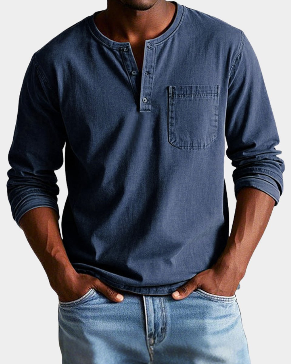 Heren Vintage Langarm Henley Shirt Borstzak - Marineblauw