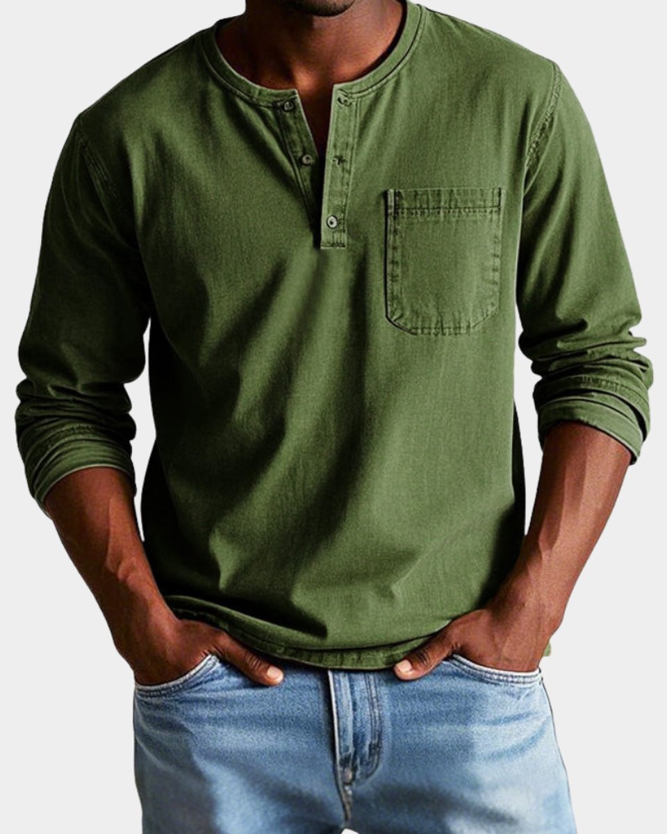 Heren Vintage Langarm Henley Shirt Borstzak - Legergroen