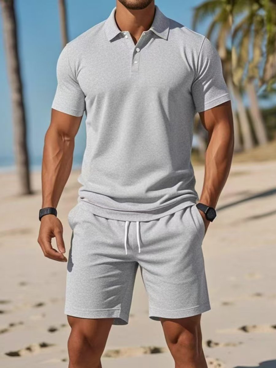 Heren Wafelgebreide Polo Shorts Set Zomer Casualset - Lichtgrijs