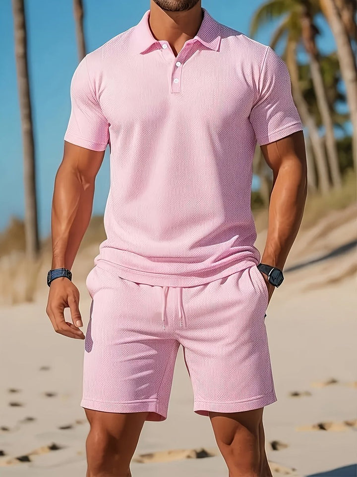 Heren Wafelgebreide Polo Shorts Set Zomer Casualset - Lichtroze