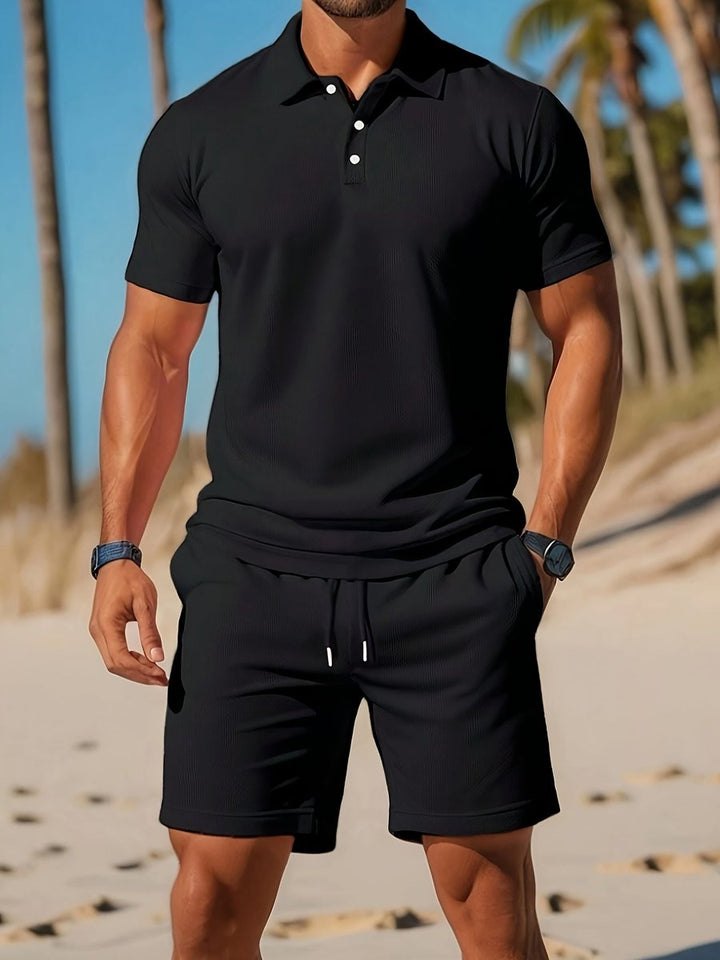 Heren Wafelgebreide Polo Shorts Set Zomer Casualset - Zwart