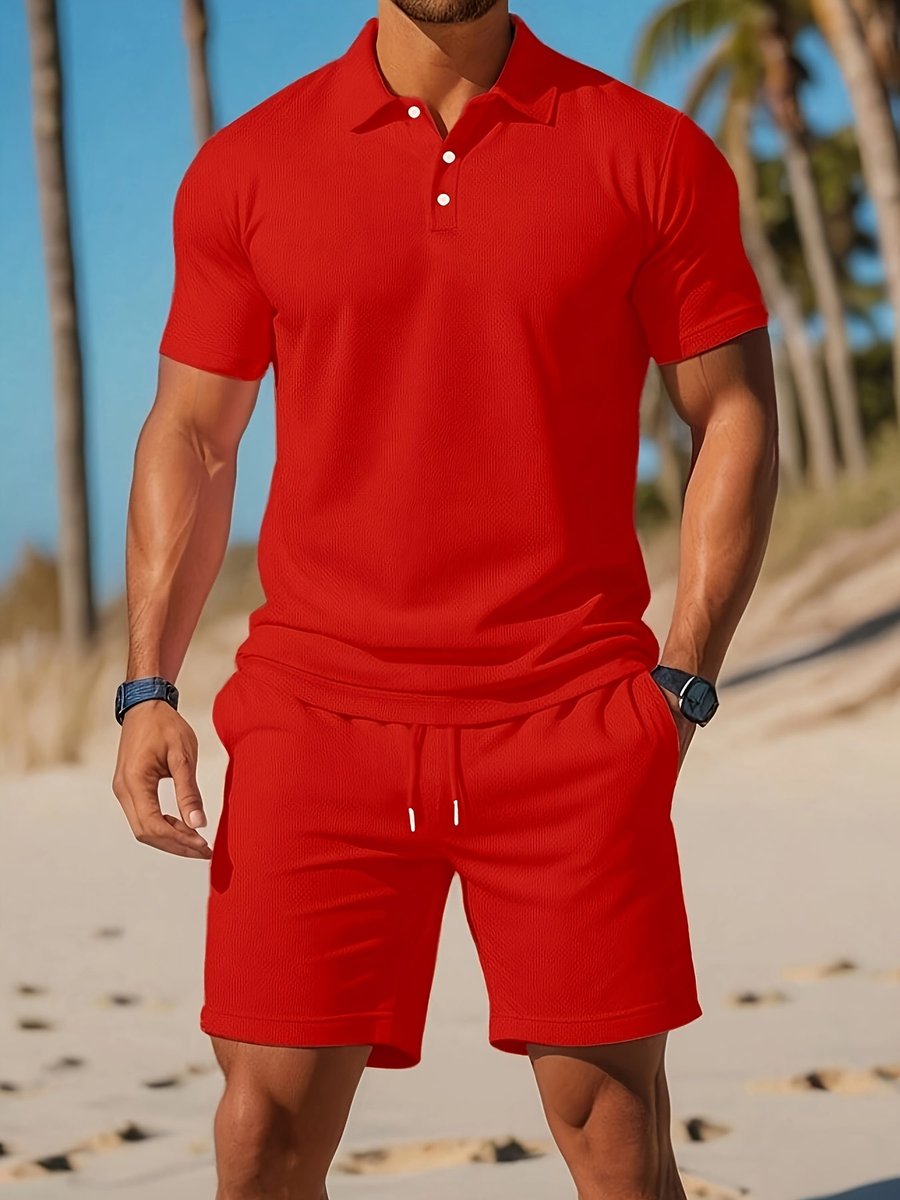 Heren Wafelgebreide Polo Shorts Set Zomer Casualset - Rood