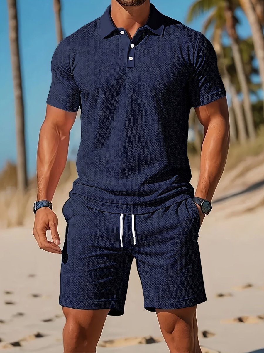 Heren Wafelgebreide Polo Shorts Set Zomer Casualset - Marineblauw