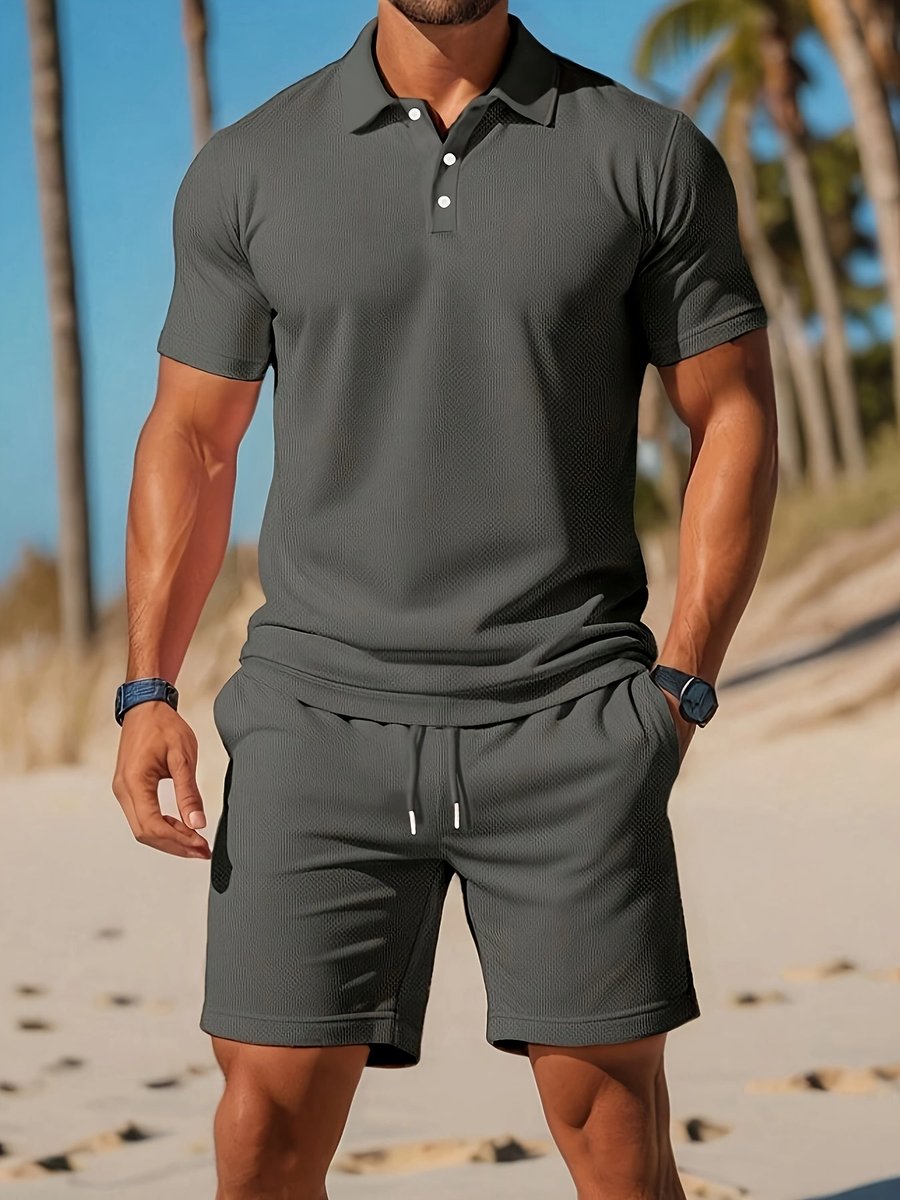 Heren Wafelgebreide Polo Shorts Set Zomer Casualset - Donkergrijs