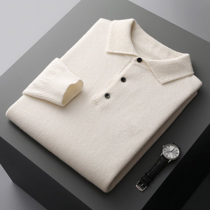 Heren Zachte Regular-Fit Gebreide Longsleeve Poloshirt - White