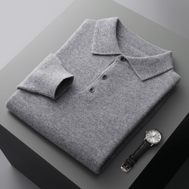 Heren Zachte Regular-Fit Gebreide Longsleeve Poloshirt - Grey