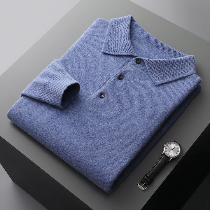 Heren Zachte Regular-Fit Gebreide Longsleeve Poloshirt - Blue