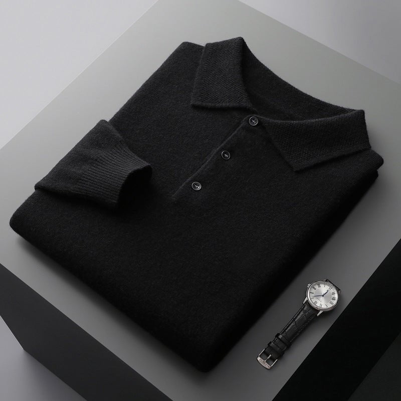 Heren Zachte Regular-Fit Gebreide Longsleeve Poloshirt - Black