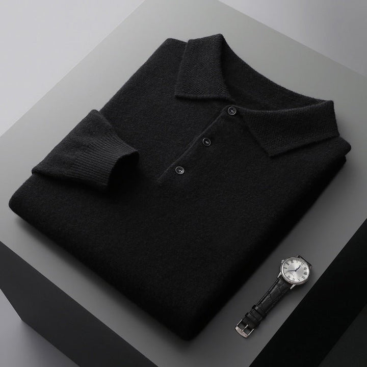 Heren Zachte Regular-Fit Gebreide Longsleeve Poloshirt - Black