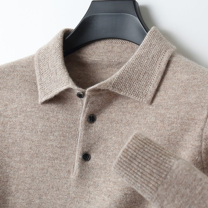 Heren Zachte Regular-Fit Gebreide Longsleeve Poloshirt - Khaki