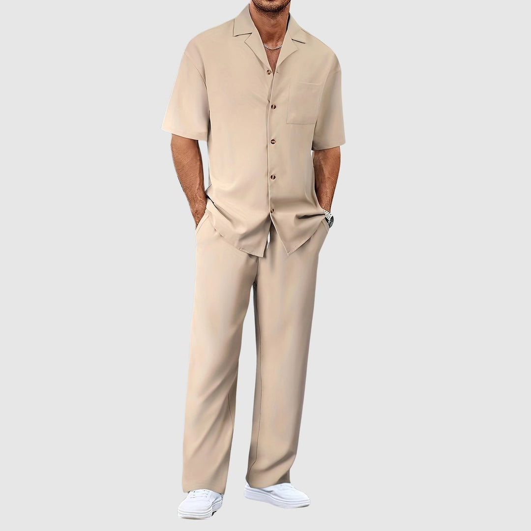 Heren Zomer Tweelig Casual Overhemd Broek Set - Khaki