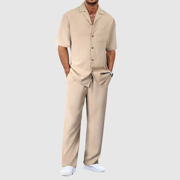 Heren Zomer Tweelig Casual Overhemd Broek Set - Khaki