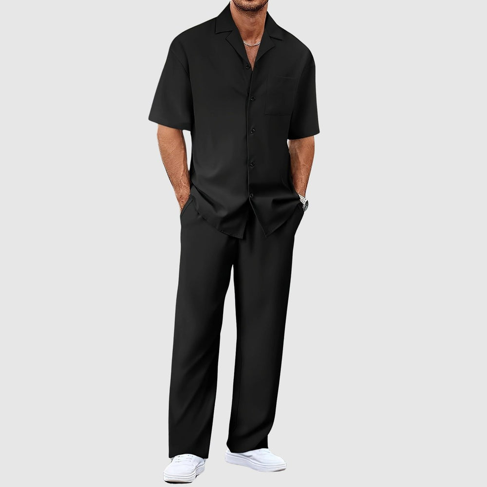 Heren Zomer Tweelig Casual Overhemd Broek Set - Zwart