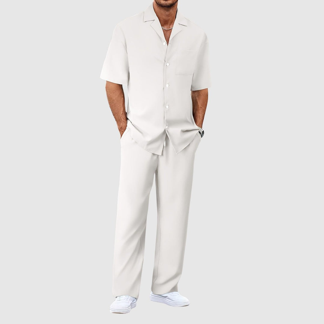 Heren Zomer Tweelig Casual Overhemd Broek Set - Wit