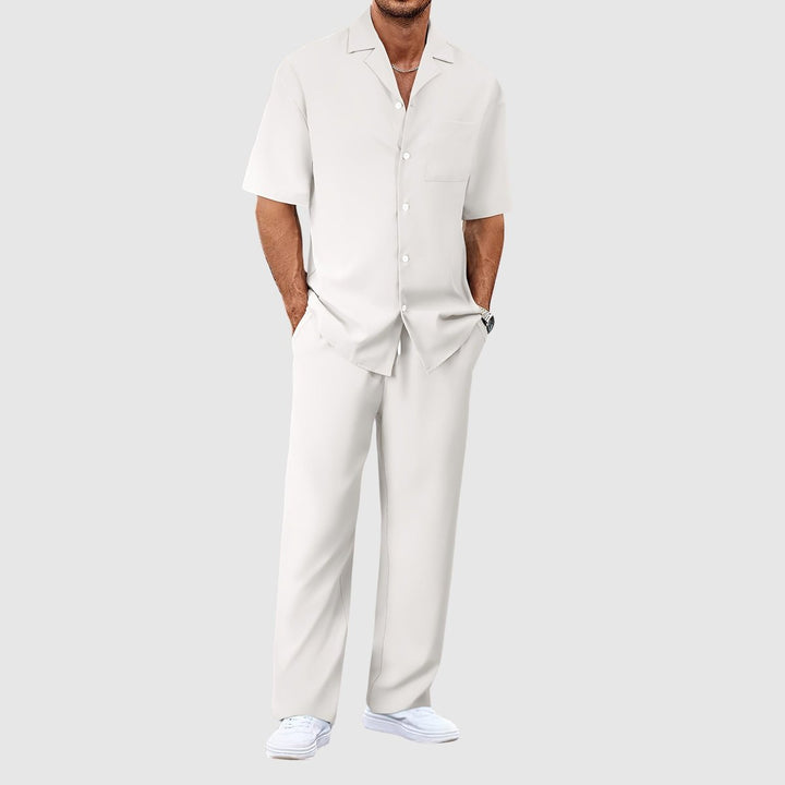 Heren Zomer Tweelig Casual Overhemd Broek Set - Wit