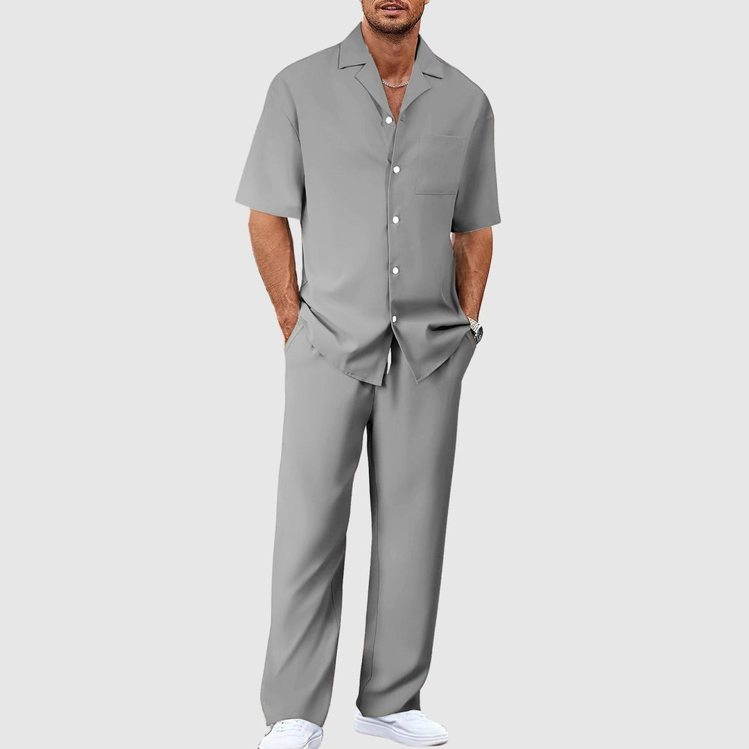 Heren Zomer Tweelig Casual Overhemd Broek Set - Grijs