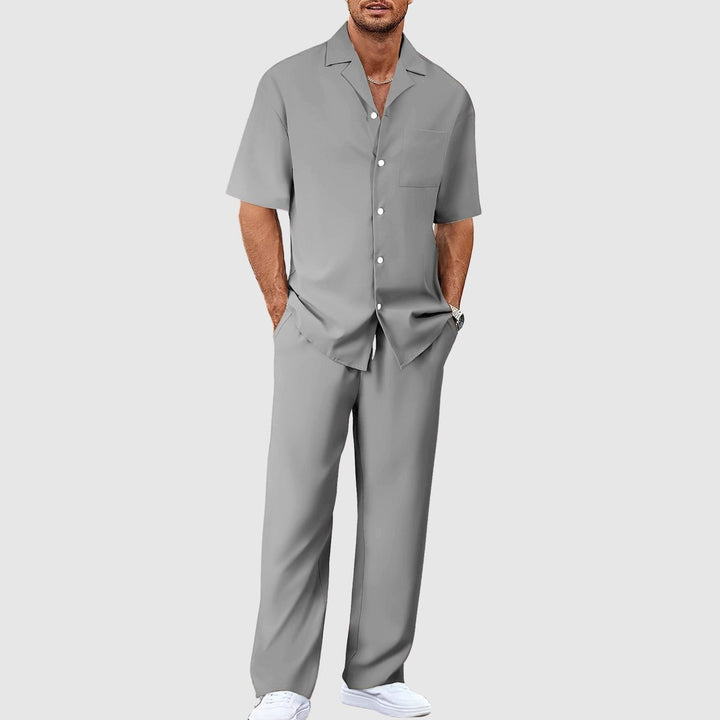 Heren Zomer Tweelig Casual Overhemd Broek Set - Grijs