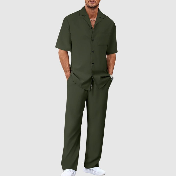 Heren Zomer Tweelig Casual Overhemd Broek Set - Groen