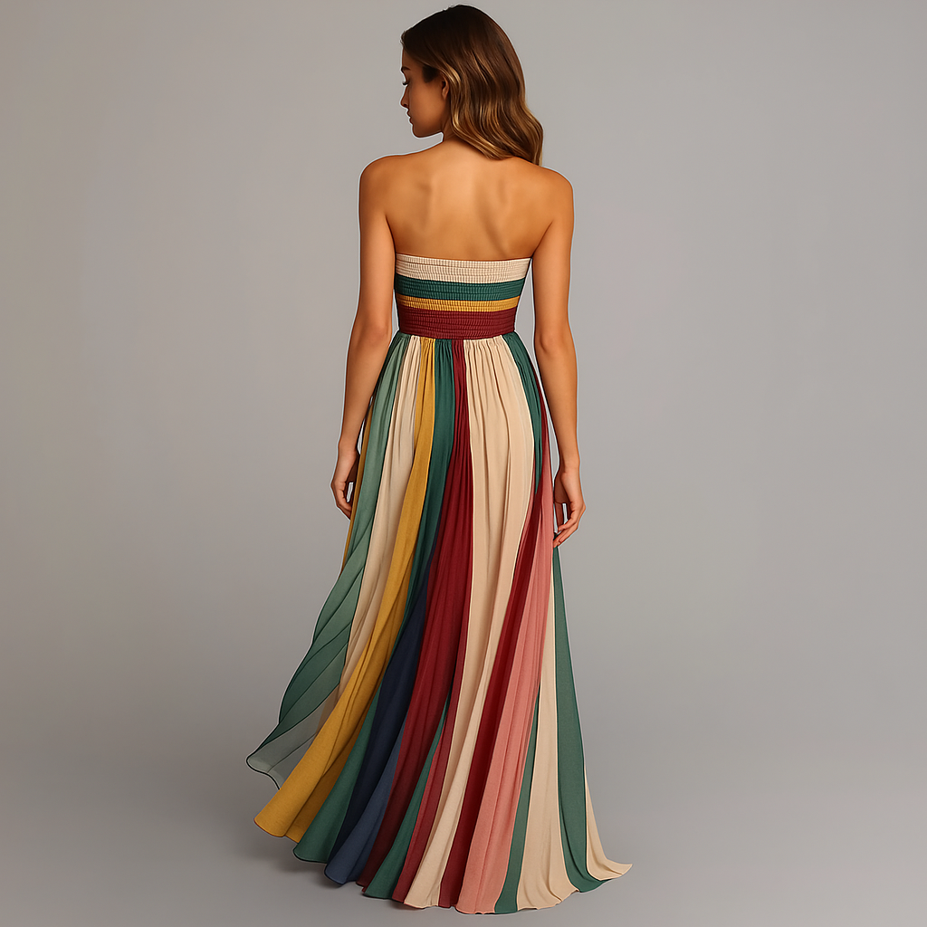 Corinne | Dames Strapless Geplooide Colorblock Maxi Jurk