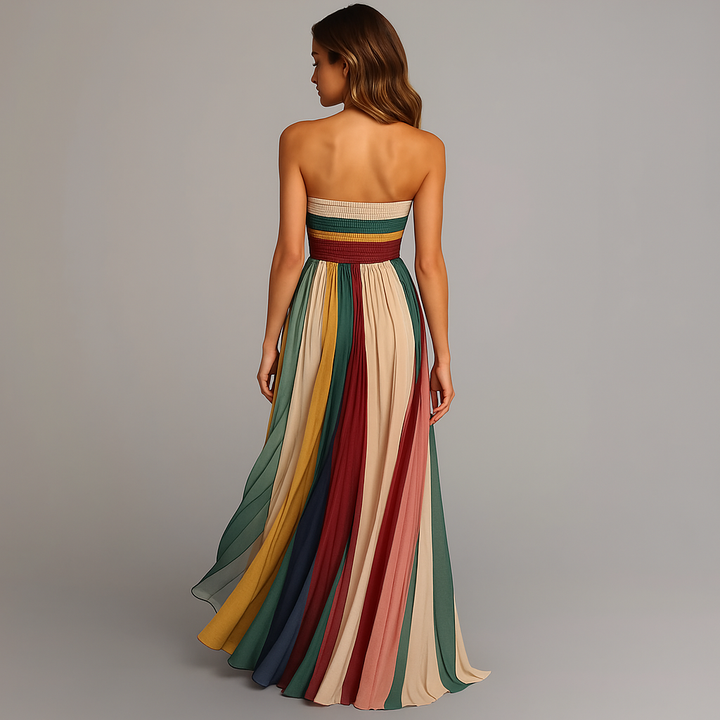 Corinne | Dames Strapless Geplooide Colorblock Maxi Jurk