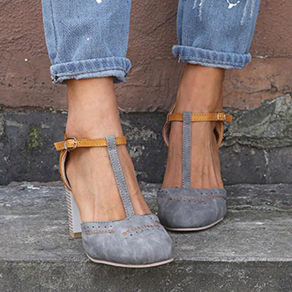 Andrea | Dames Vintage T-strap Sandalen Met Contrasterende Kleuren En Blokhak