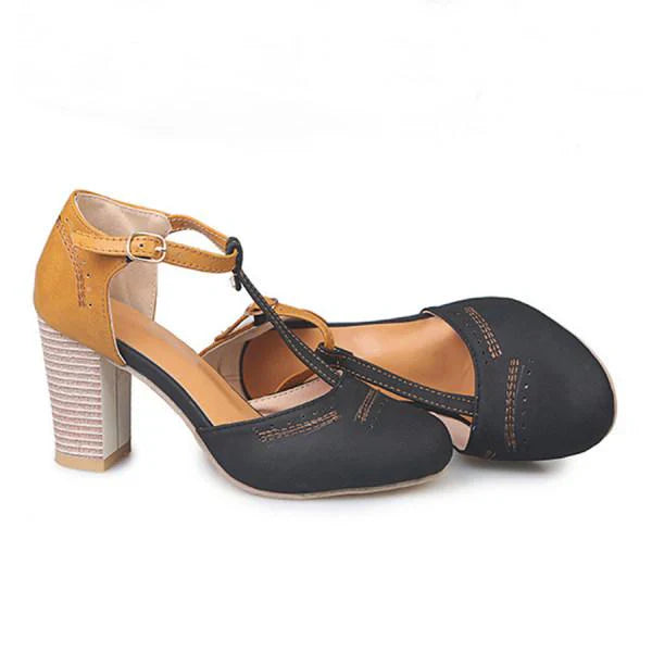 Andrea | Dames Vintage T-strap Sandalen Met Contrasterende Kleuren En Blokhak