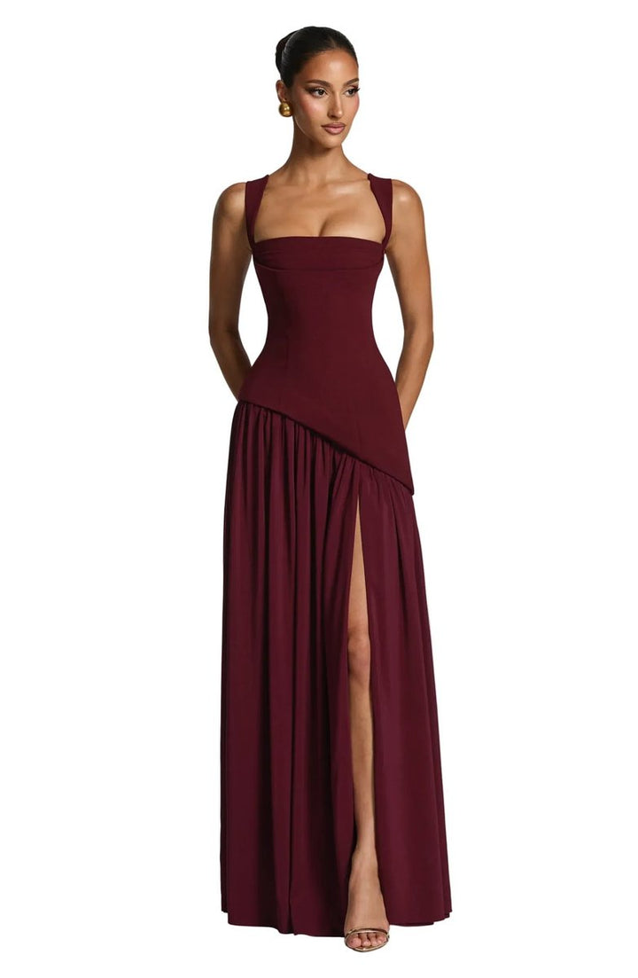 Moeder van de bruid jurk mouwloze A-lijn maxi-jurk met vierkante hals - Burgundy