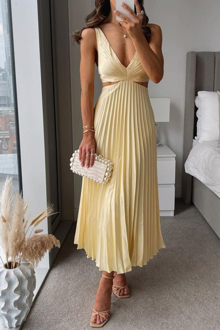 Moeder van de bruid jurk mouwloze geplooide maxi-jurk met V-hals - Yellow