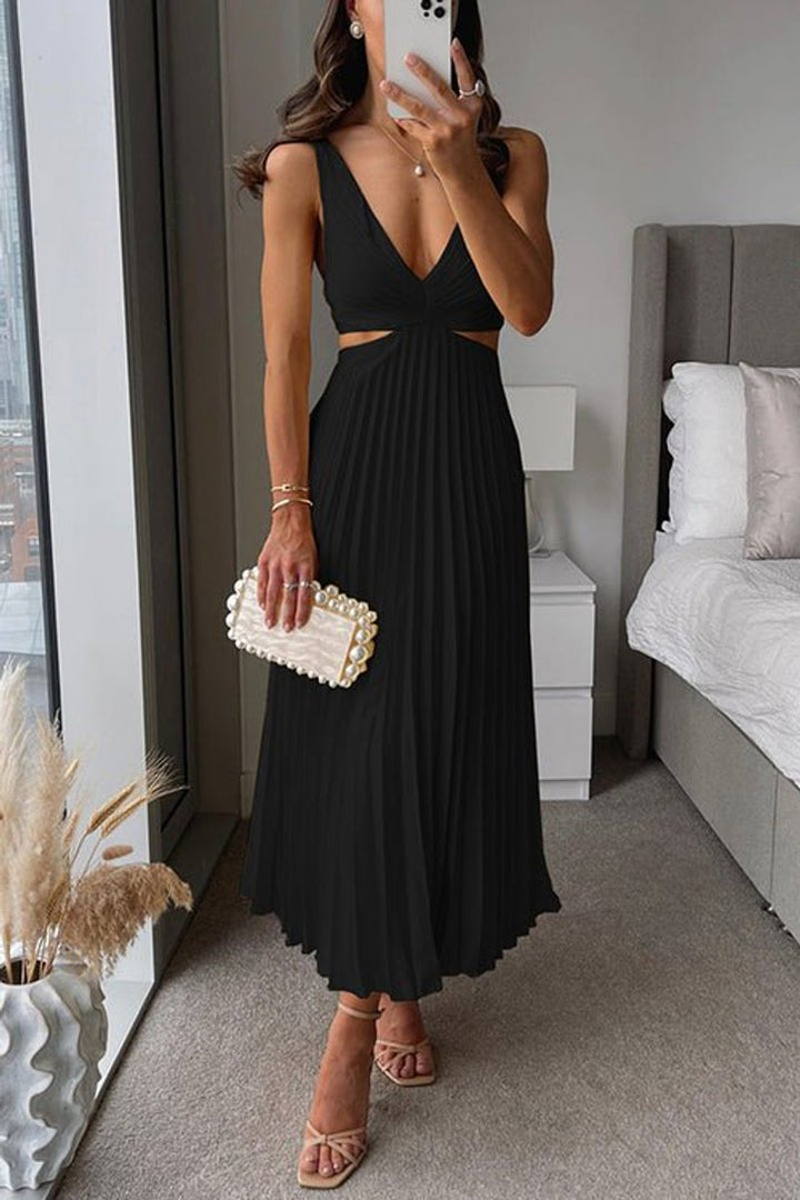 Moeder van de bruid jurk mouwloze geplooide maxi-jurk met V-hals - Black