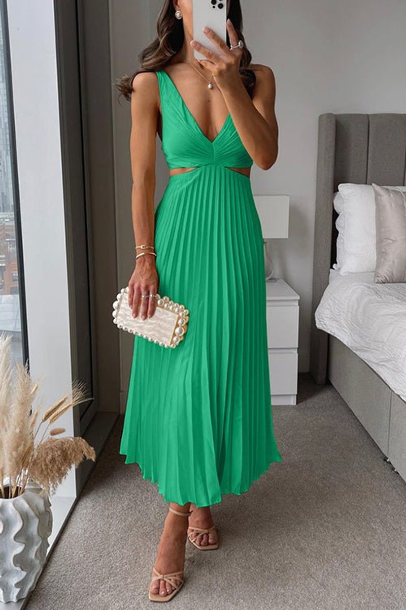 Moeder van de bruid jurk mouwloze geplooide maxi-jurk met V-hals - Green