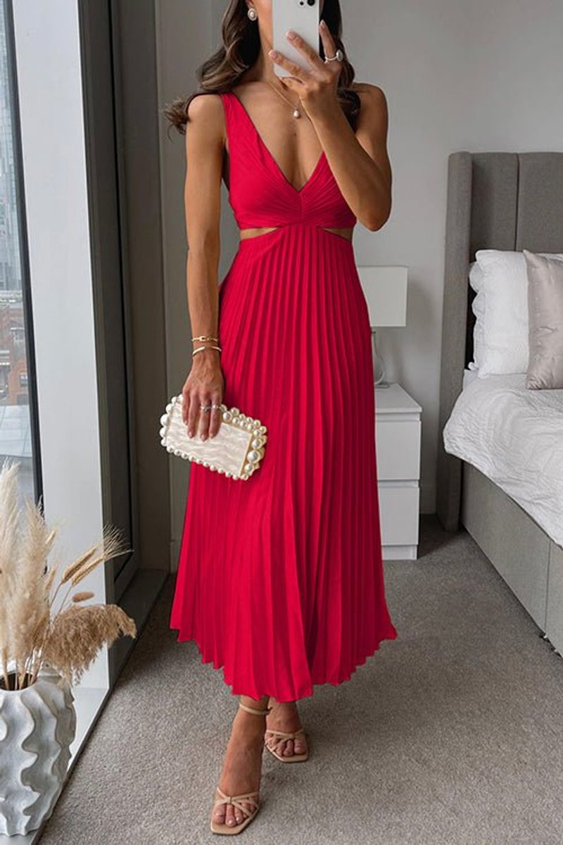 Moeder van de bruid jurk mouwloze geplooide maxi-jurk met V-hals - Red