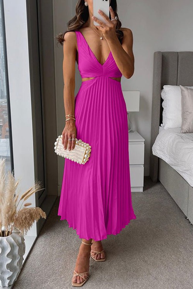 Moeder van de bruid jurk mouwloze geplooide maxi-jurk met V-hals - Pink