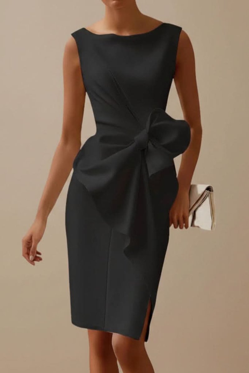 Mouwloze Midi Cocktail Dress met Strikdetail en Splitje - Black