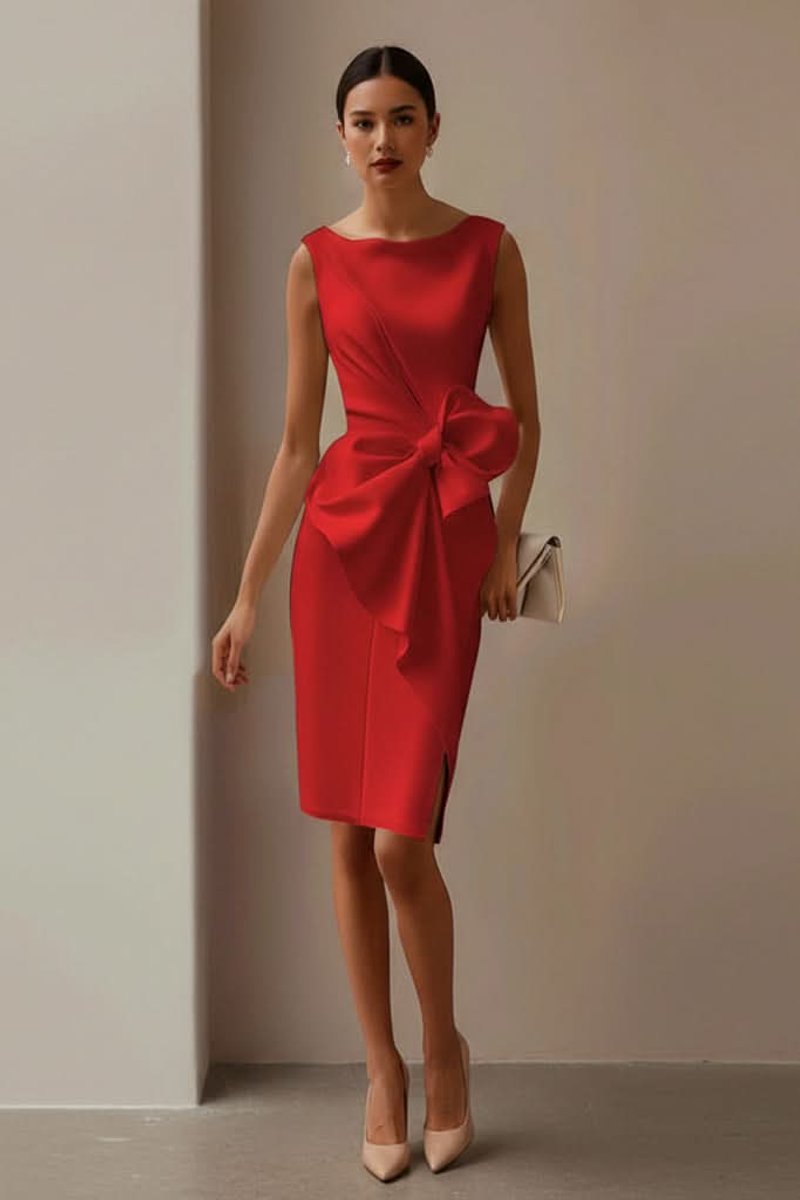 Mouwloze Midi Cocktail Dress met Strikdetail en Splitje
