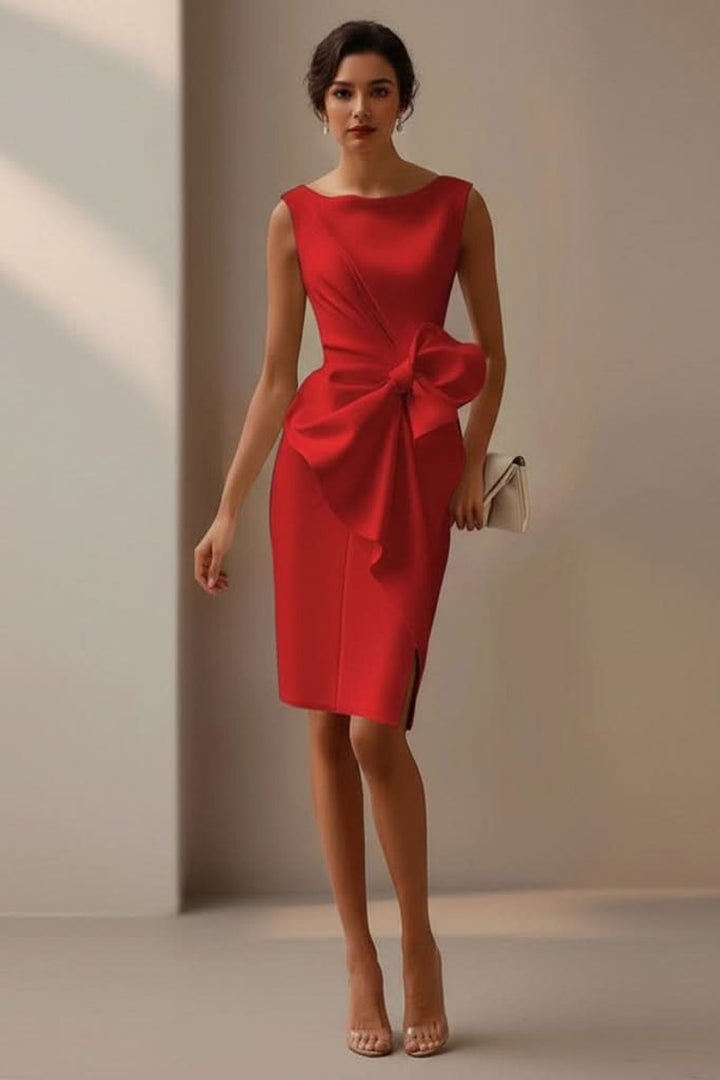 Mouwloze Midi Cocktail Dress met Strikdetail en Splitje - Red
